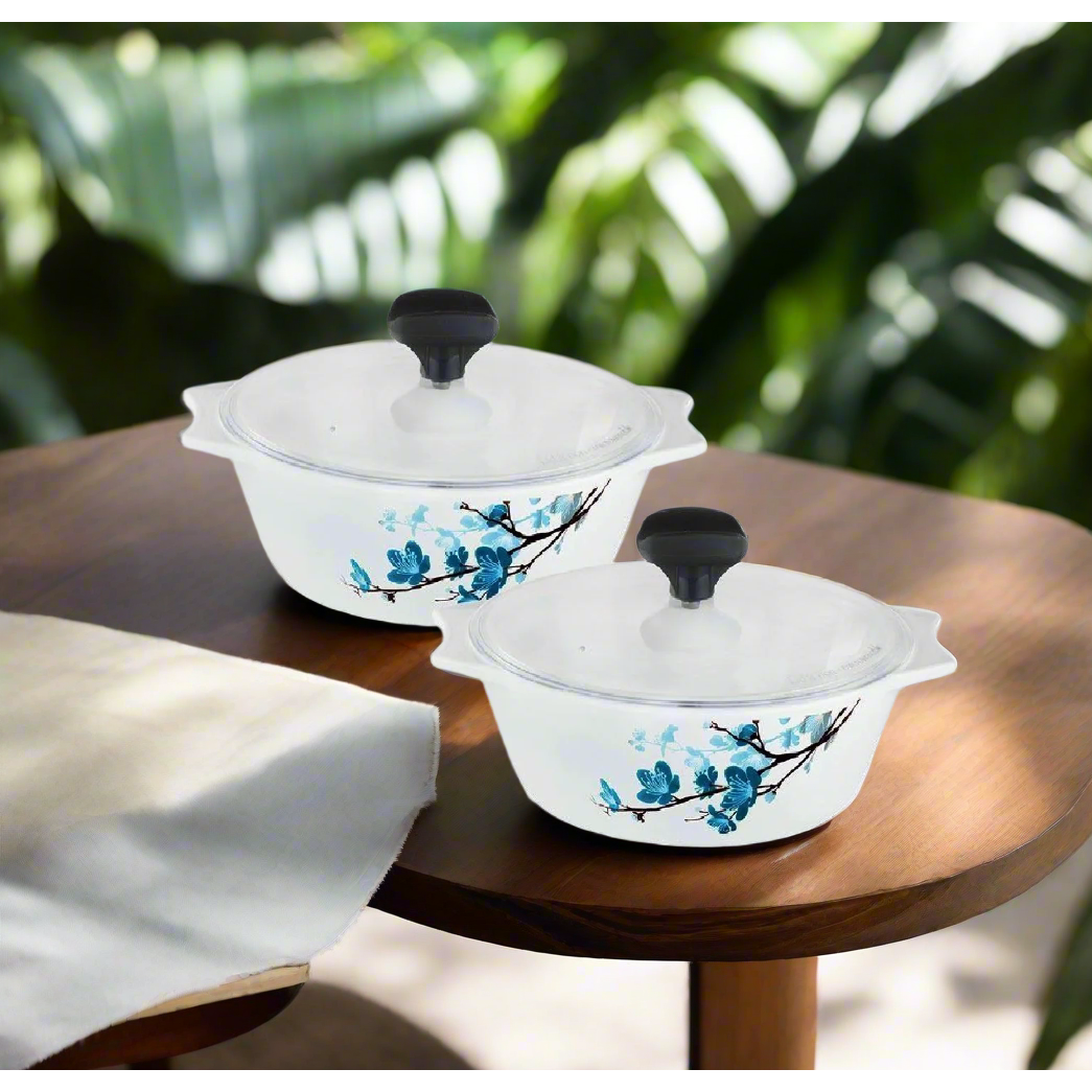 4 pcs White Glass Casserole Set (2 x 1000 ml with Plastic Lid) Mimosa