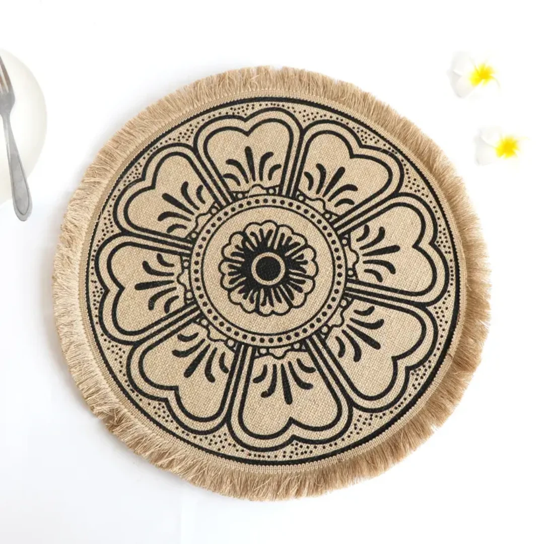 42cm Boho Woven Jute Dining Placemats with Silkscreen Print Detail Table mat Placemats