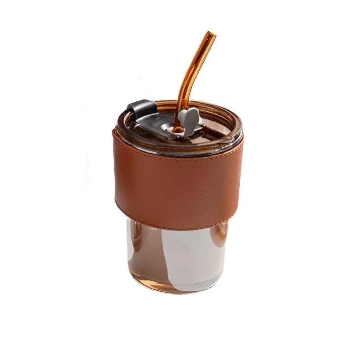 450ml Glass Smoothie Cup with Leather Grip for Juices, Shakes, and Iced Drinks Tableware Tumblers