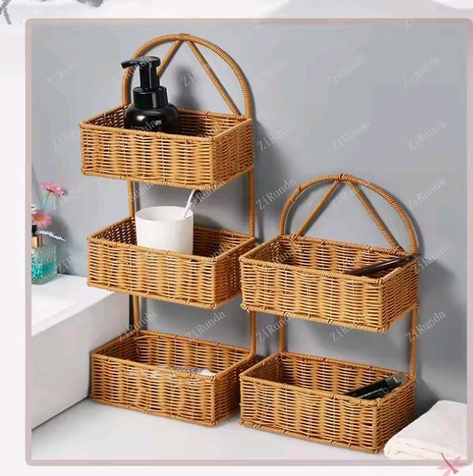 3-Layer Rattan Shower Caddy – Handwoven Water-Resistant Bathroom Organizer