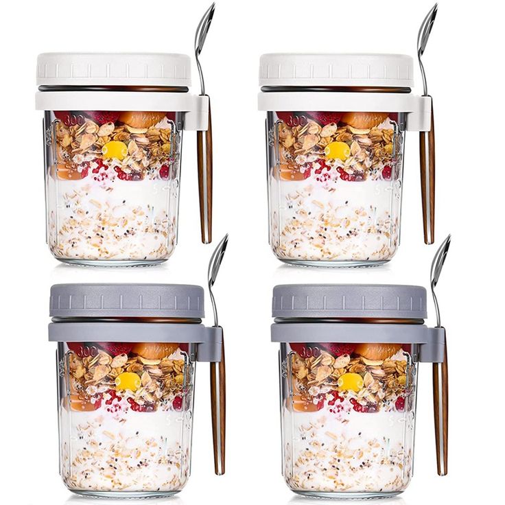 4pcs Overnight Oats Glass Jar Set with Spoon 350ml