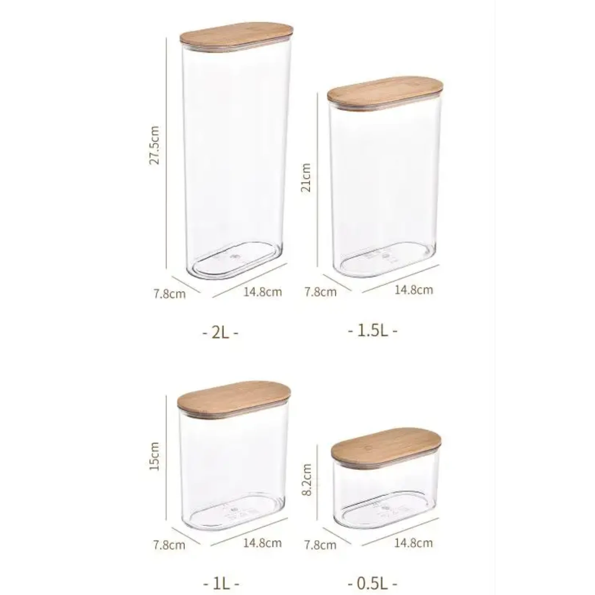 4pcs Set Acrylic Storage Containers 500ml to 2000ml, Airtight with Bamboo Lids. Food Storage Containers