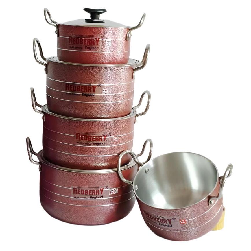 5 Piece Antique Red Stainless Steel Casserole Set with Lids | Durable Cookware Set | Sizes 20-28 cm