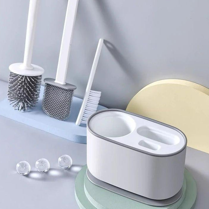 5 in 1 Cleaning Toilet Brush Set with Drying Holder Bristle Brush, Silicone Flat Brush, Tongs, Corner Brush, and Draining Rack