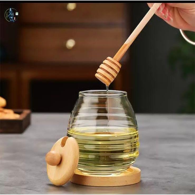 500ml Glass Honey Storage Jar with Wooden Lid and Stirring Stick