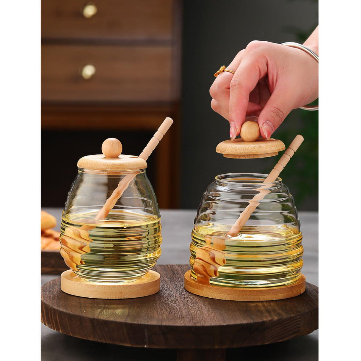 500ml Glass Honey Storage Jar with Wooden Lid and Stirring Stick