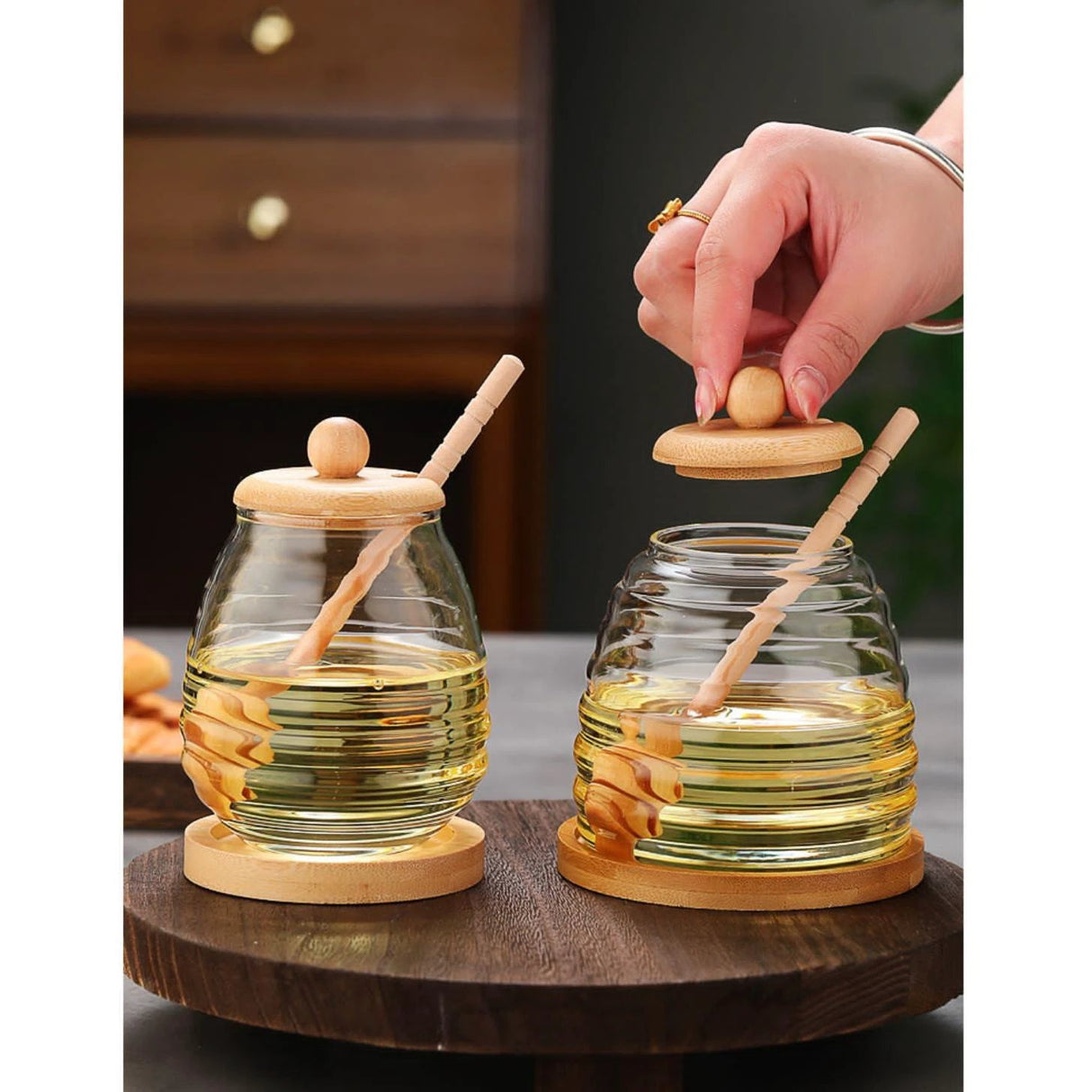 500ml Glass Honey Storage Jar with Wooden Lid and Stirring Stick Honey jar Honey Jars