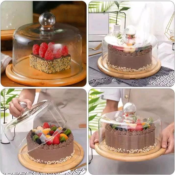 Dome Shape Glass Cake Cover – 28cm Borosilicate Glass with Bamboo Base serveware Cake Stands