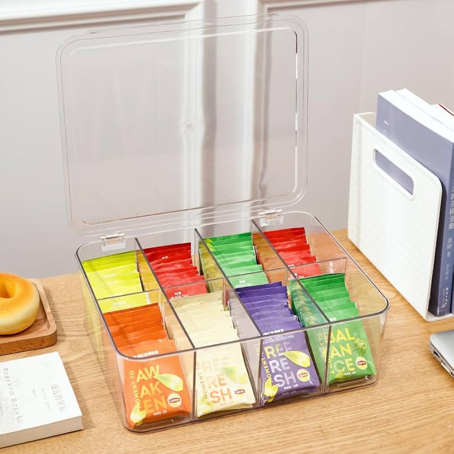Acrylic Tea Bag and Coffee Organizer – 8-Compartment Stackable Box with Removable Dividers