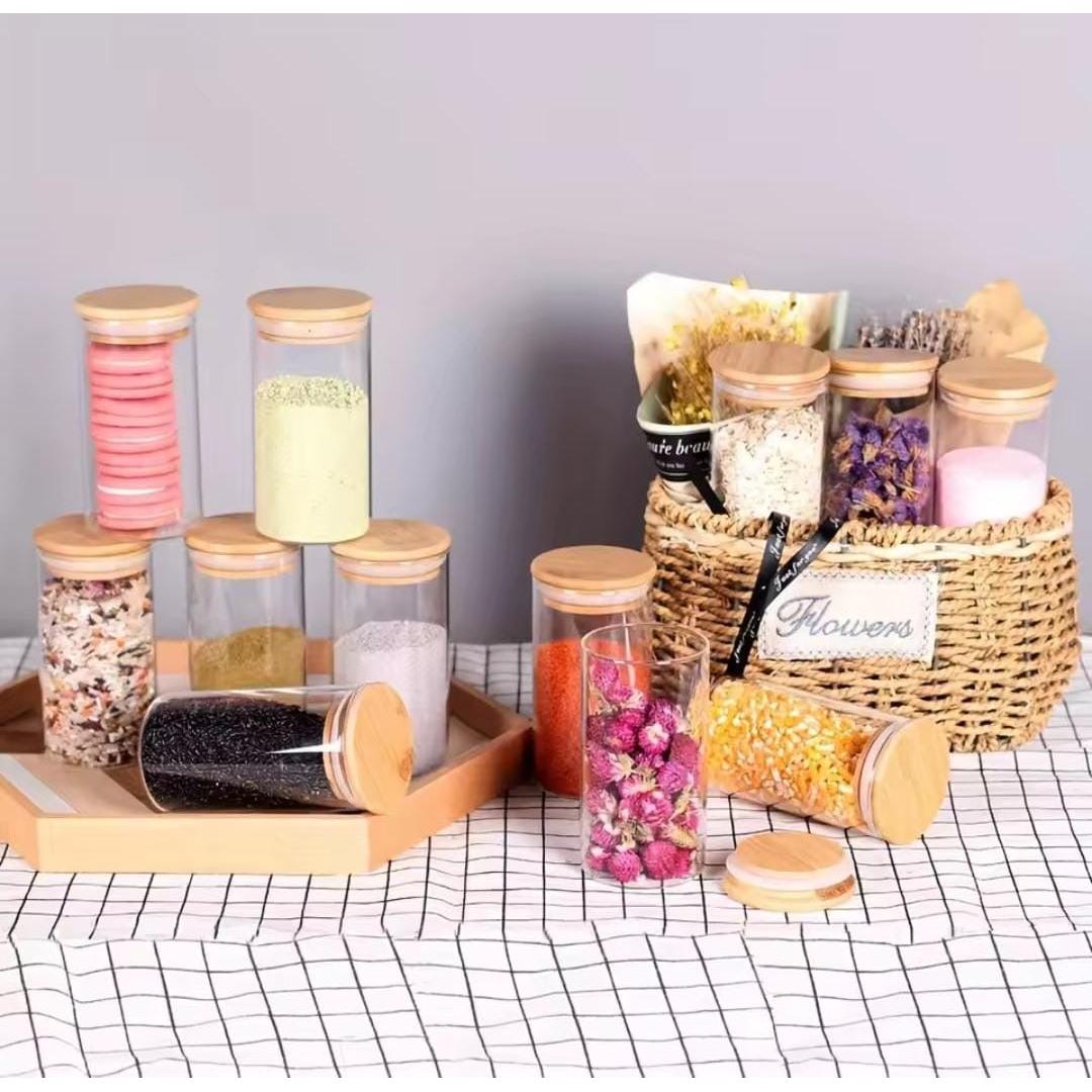 5pc Glass Spice Jar Set – 460ml with Airtight Bamboo Lids