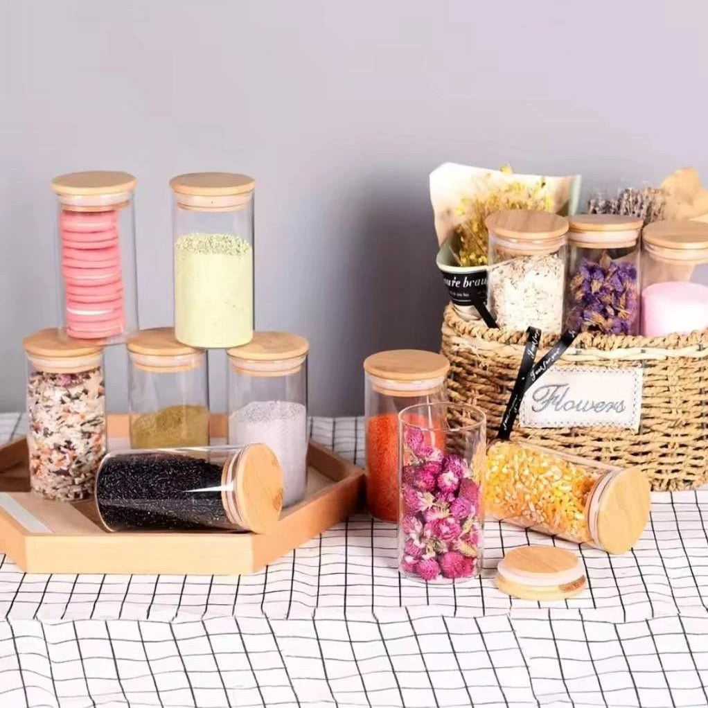 5pc Glass Spice Jar Set – 460ml with Airtight Bamboo Lids Spice Jar Food Storage Containers