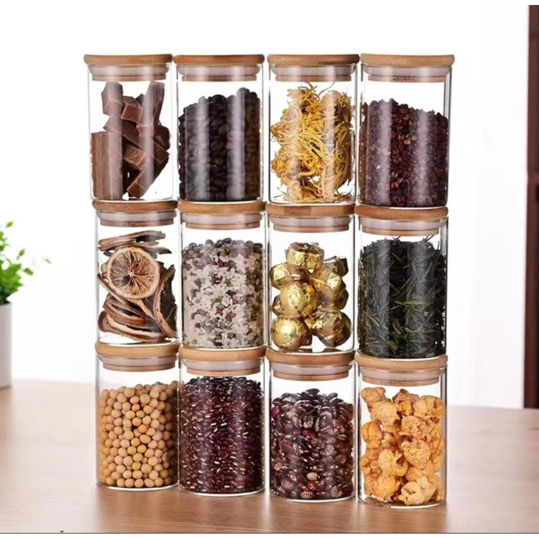 5pc Glass Spice Jar Set – 460ml with Airtight Bamboo Lids