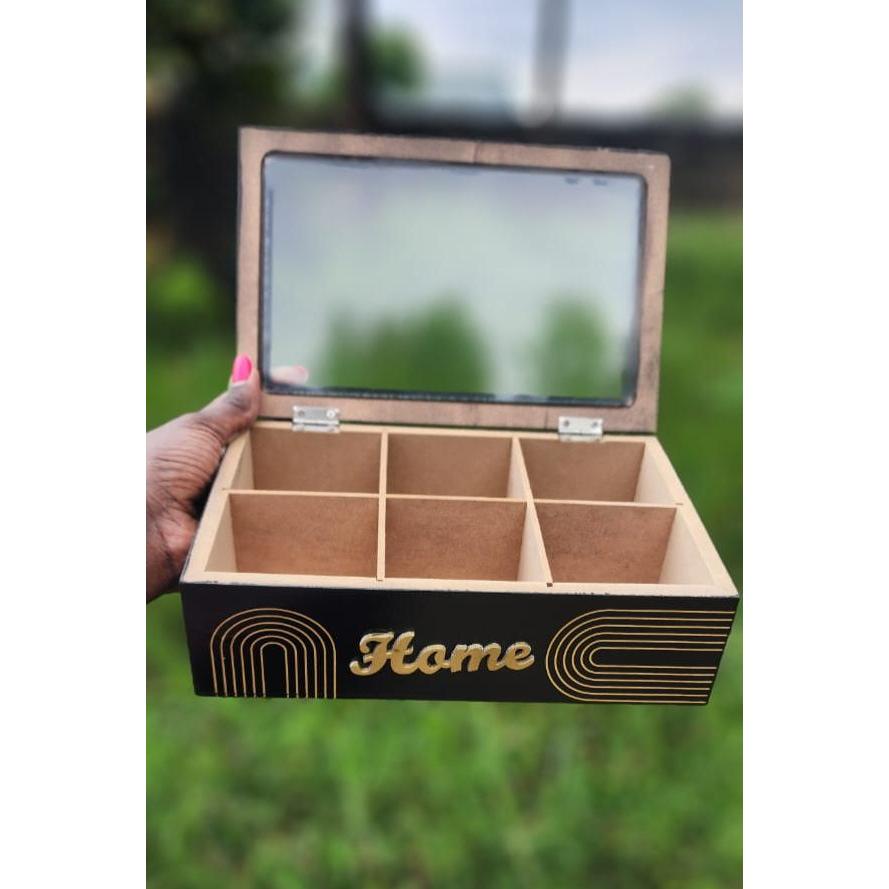 6 Compartment Wooden Teabag/Coffee Organizer | Black & White | Eco-Friendly Wood with Stainless Steel Frame