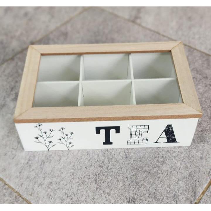 6 Compartment Wooden Teabag/Coffee Organizer | Black & White | Eco-Friendly Wood with Stainless Steel Frame