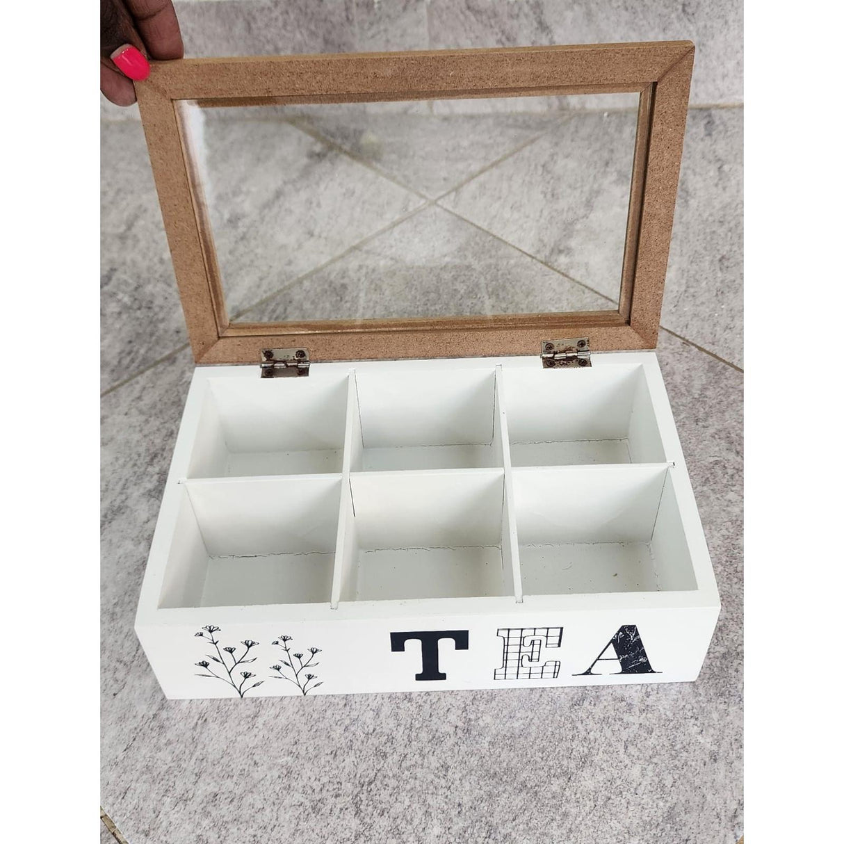6 Compartment Wooden Teabag/Coffee Organizer | Black & White | Eco-Friendly Wood with Stainless Steel Frame