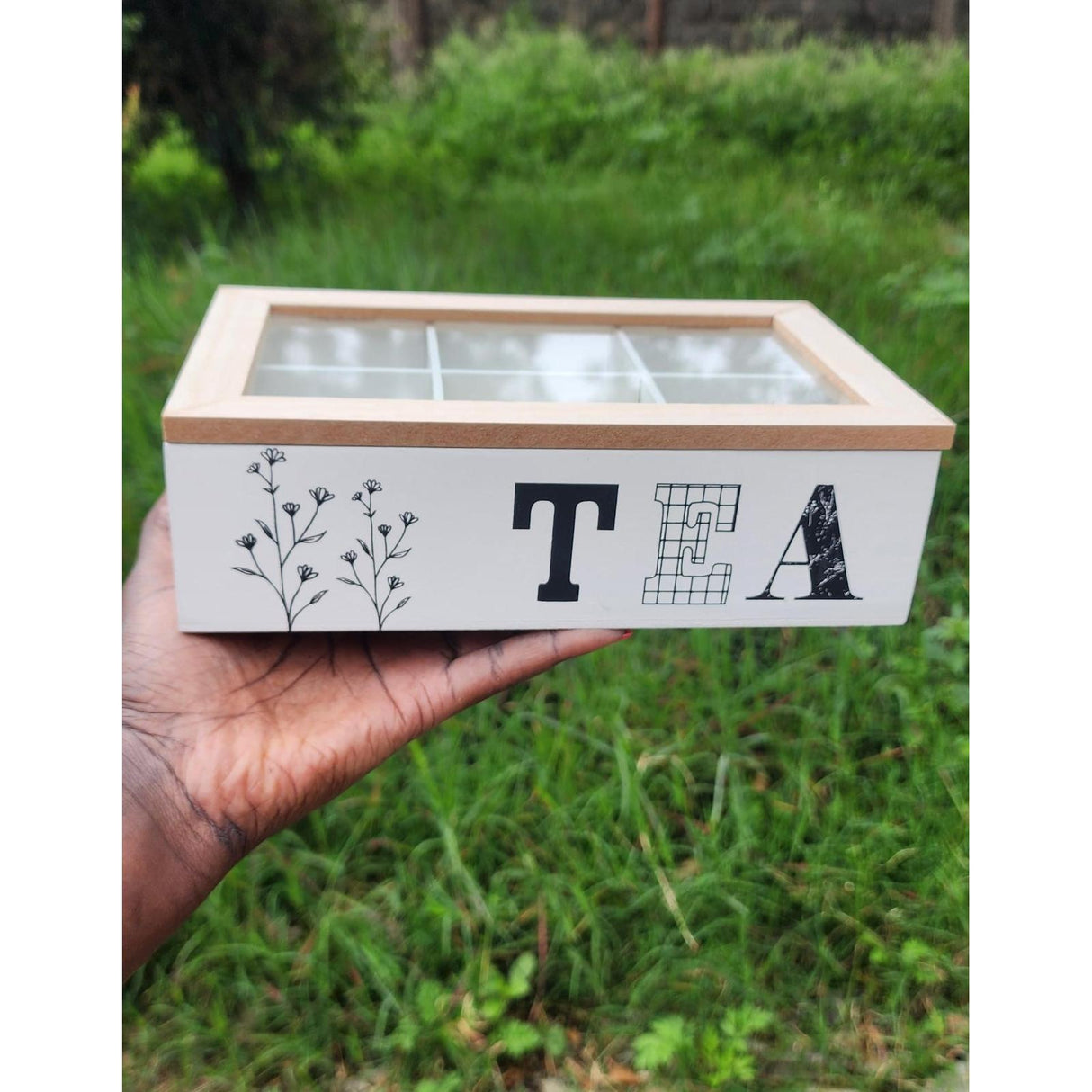 6 Compartment Wooden Teabag/Coffee Organizer | Black & White | Eco-Friendly Wood with Stainless Steel Frame