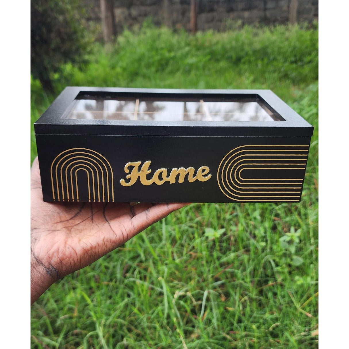 6 Compartment Wooden Teabag/Coffee Organizer | Black & White | Eco-Friendly Wood with Stainless Steel Frame