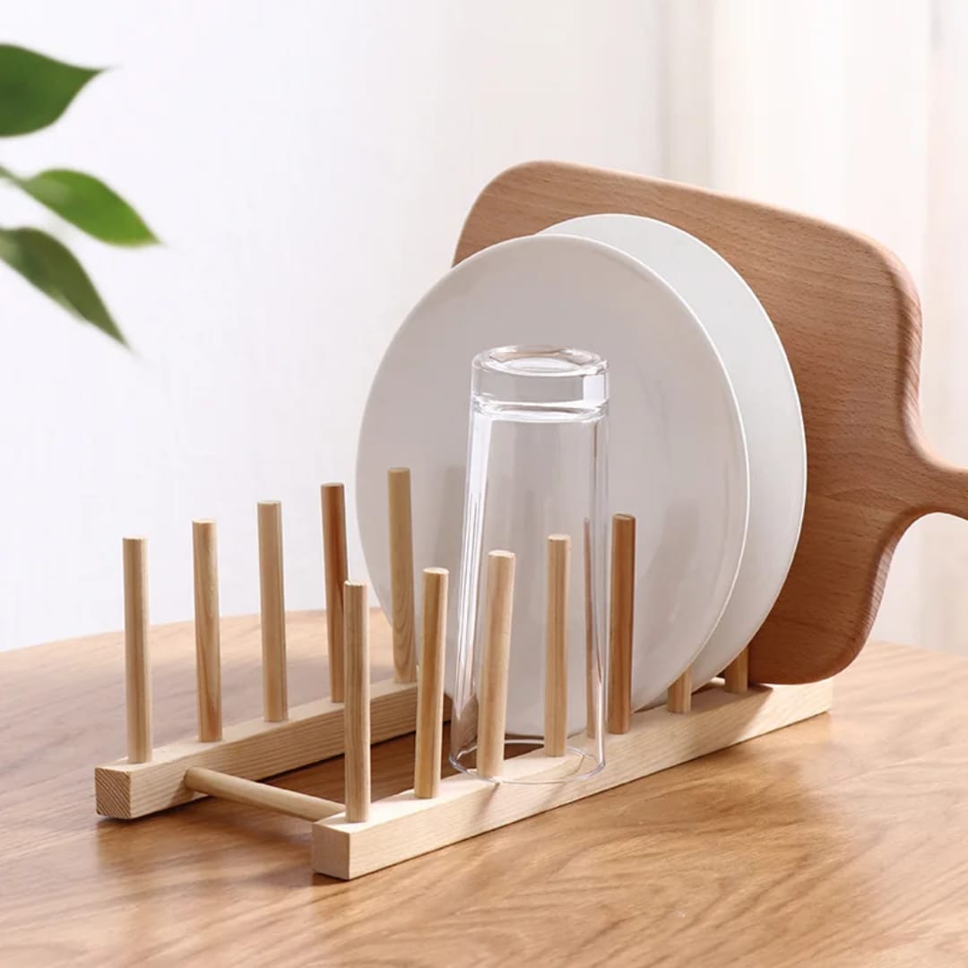 6-Slot Bamboo Plate Holder – Dish Drying and Dining Table Organizer