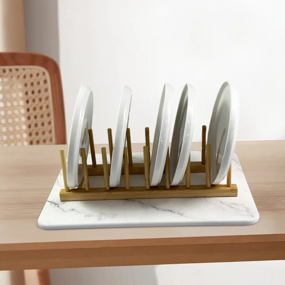 6-Slot Bamboo Plate Holder – Dish Drying and Dining Table Organizer
