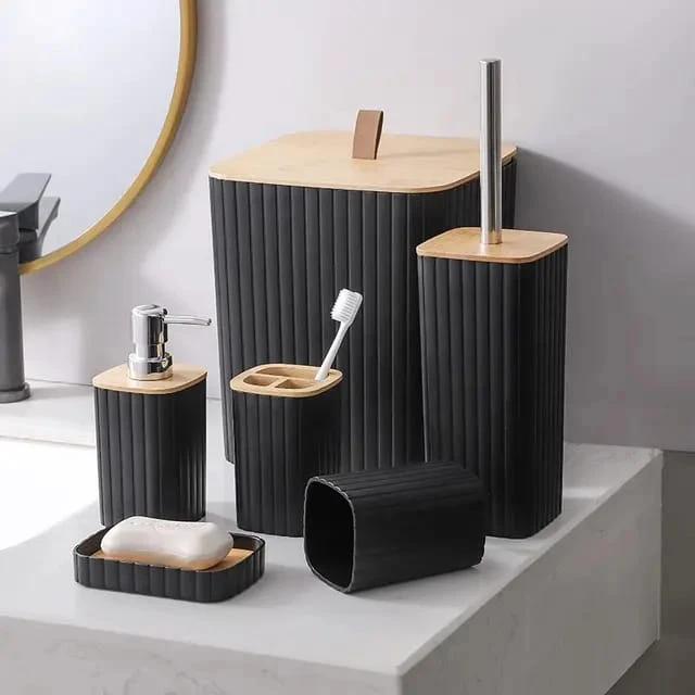 6 in 1 Bathroom Accessories Set with Wooden Top Complete Countertop Organizer Bathroom Accessories Bathroom Accessory Sets