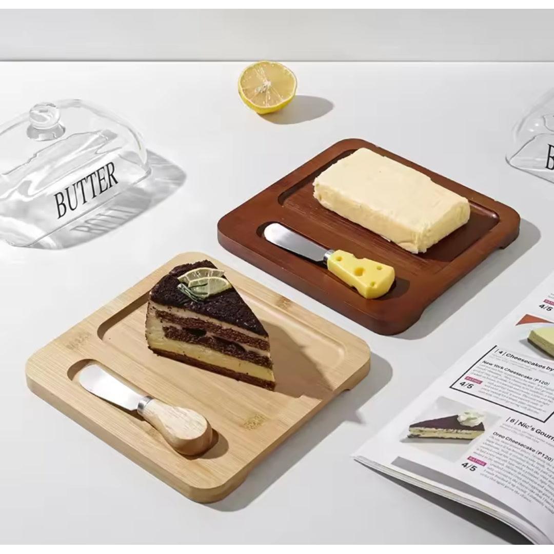 600ml Glass Butter Dish with Bamboo Tray and butter knife