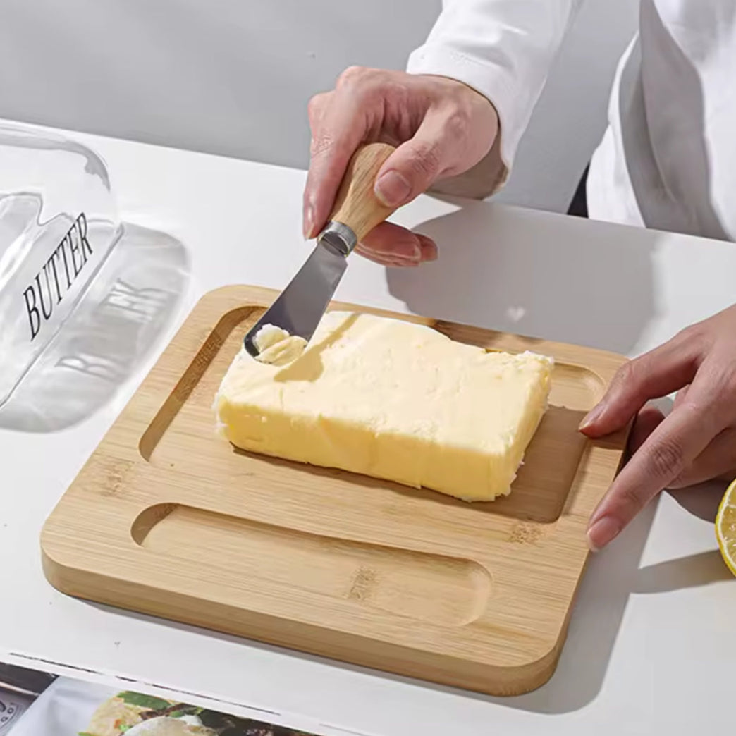 600ml Glass Butter Dish with Bamboo Tray and butter knife