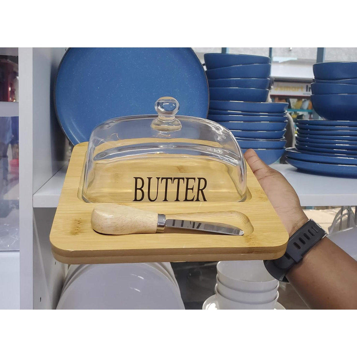 600ml Glass Butter Dish with Bamboo Tray and butter knife
