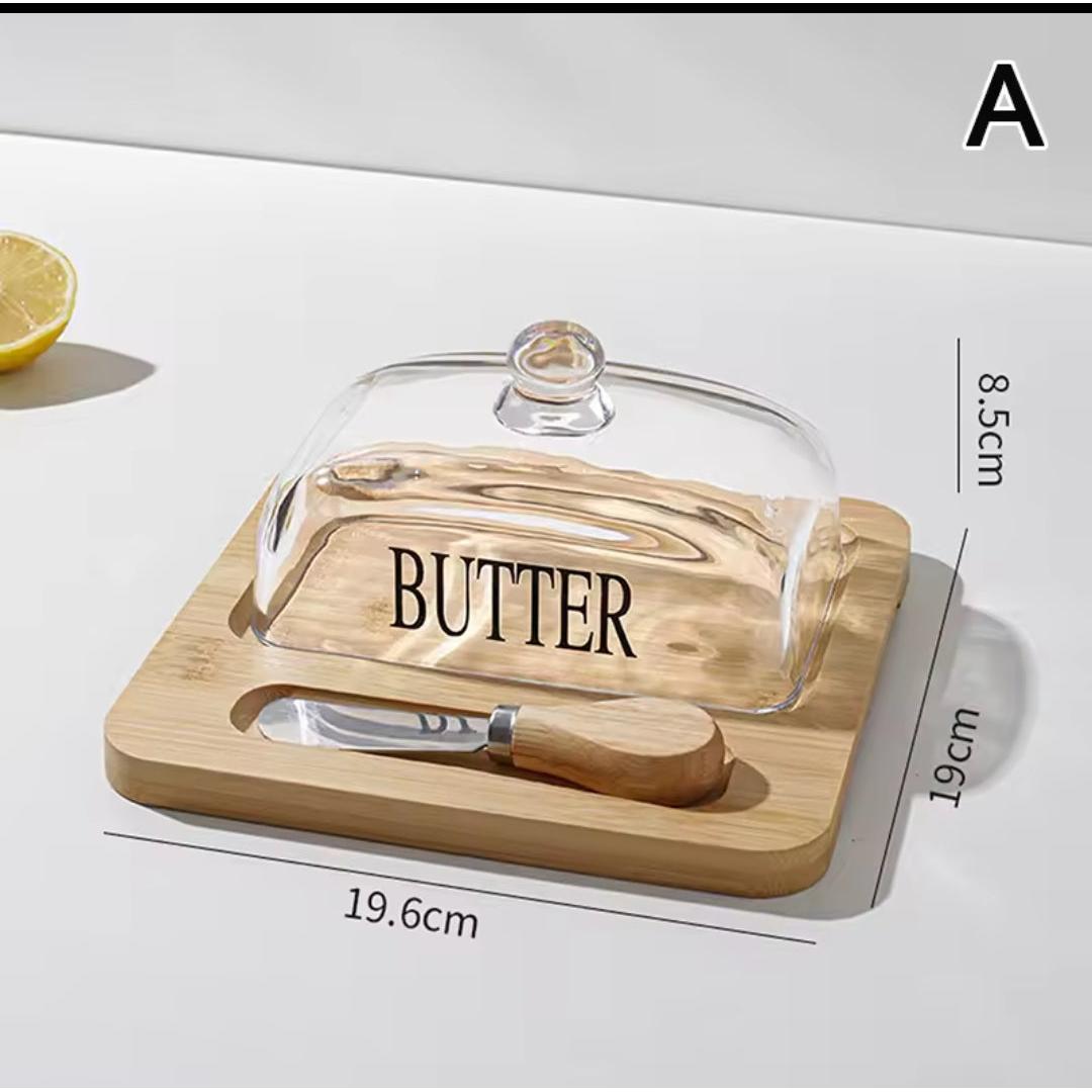 600ml Glass Butter Dish with Bamboo Tray and butter knife