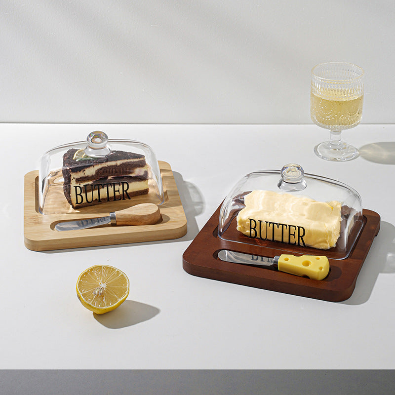 600ml Glass Butter Dish with Bamboo Tray and butter knife