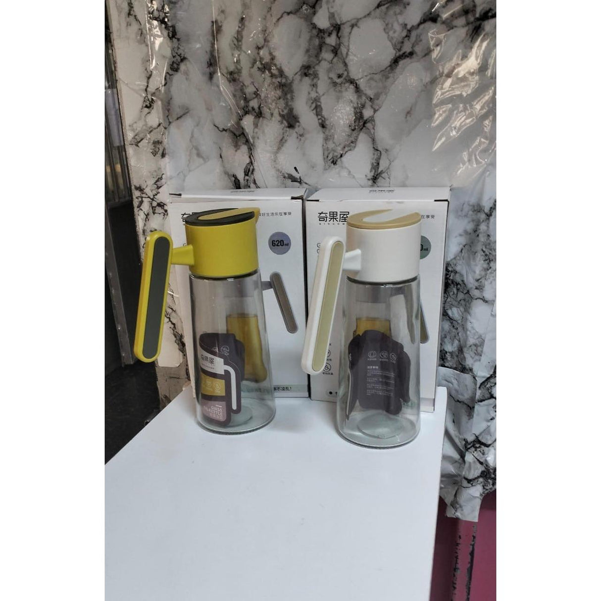 620ml High-Quality Glass Oil Dispenser – White & Mustard Yellow