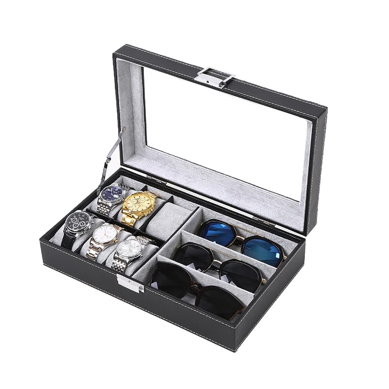 6+3 Slots PU Leather Watch & Sunglass Organizer Box Multifunctional Display Holder