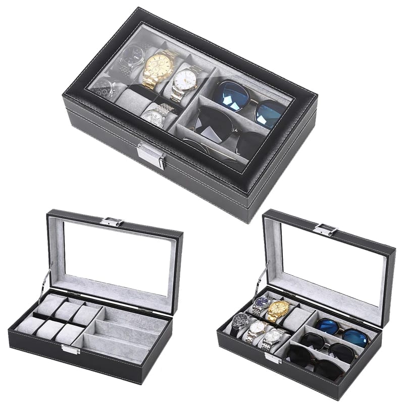 6+3 Slots PU Leather Watch & Sunglass Organizer Box Multifunctional Display Holder
