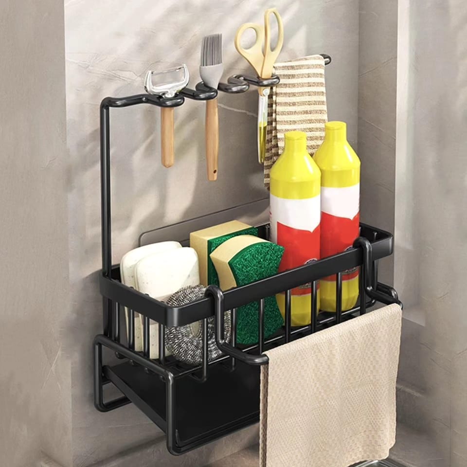 Multifunctional Sink Storage Caddy – Carbon Steel Organizer with Drain Tray and Towel Rod