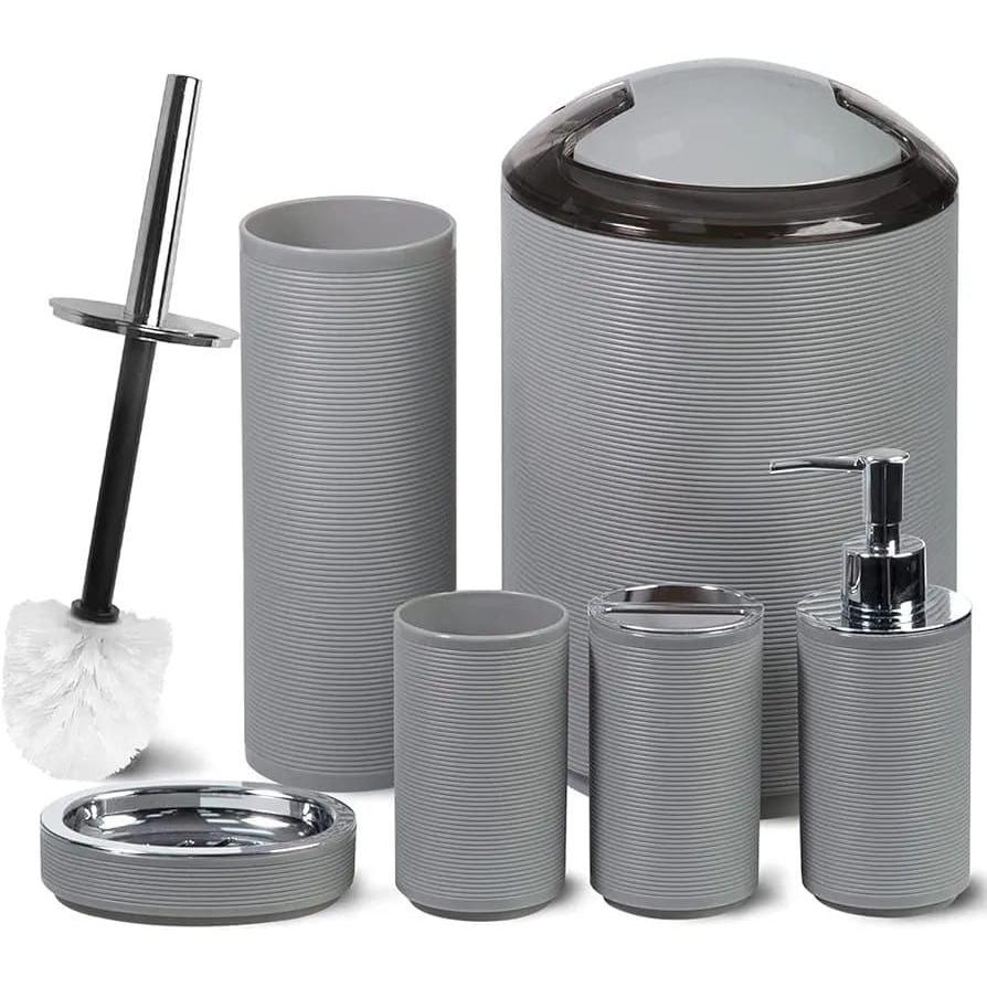 6pcs Bathroom Accessories Set Durable Plastic, Mildew Free, Elegant Design (Soap Dispenser, Toothbrush Holder, Toilet Brush, Trash Can)