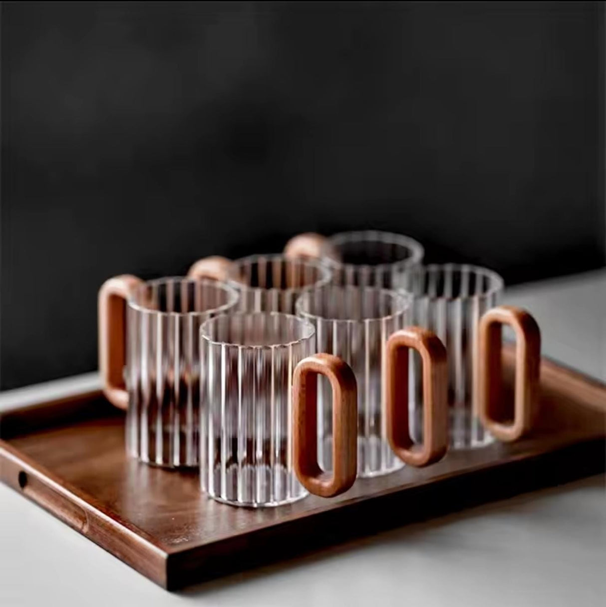 6pcs Stylish Borosilicate Ribbed Glass Mugs 350ml Microwave Friendly