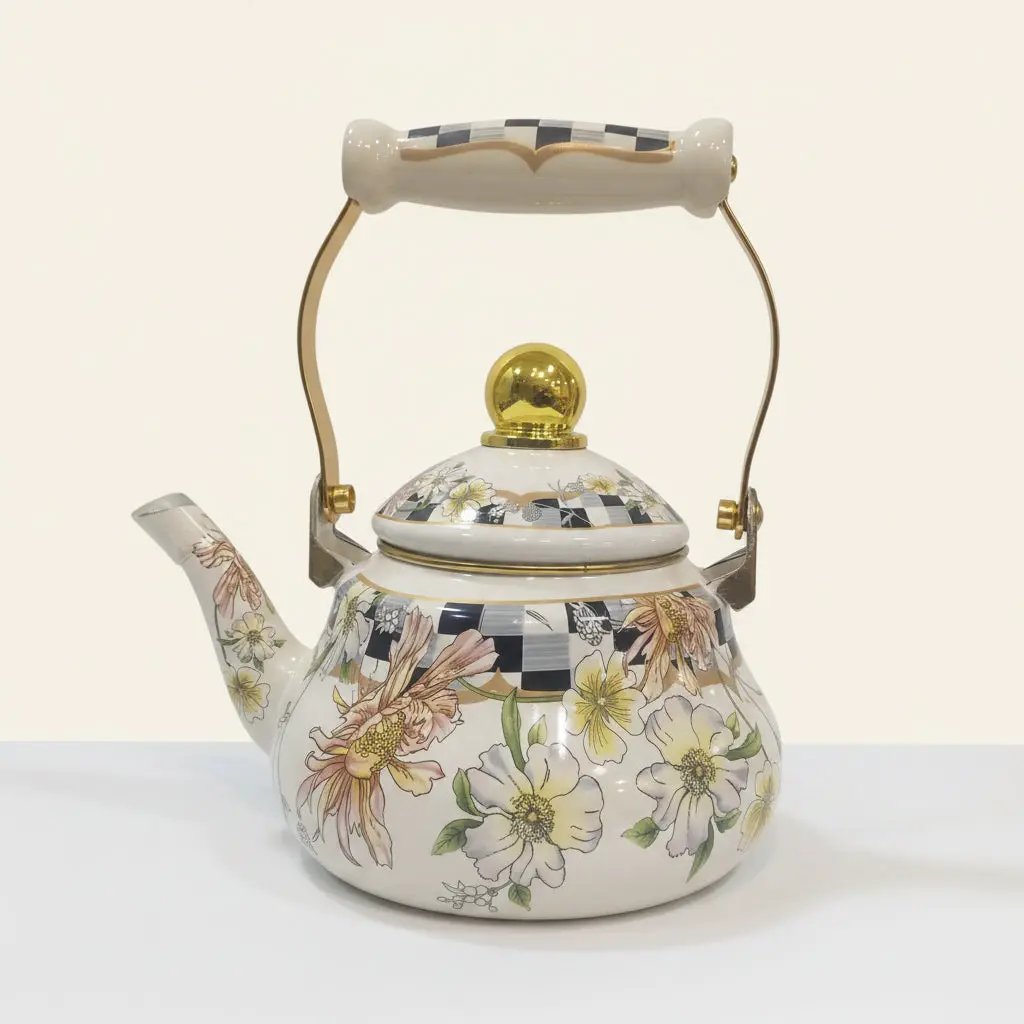 Floral Pattern Enamel Tea Kettle Kitchen & Dining Stovetop Kettles