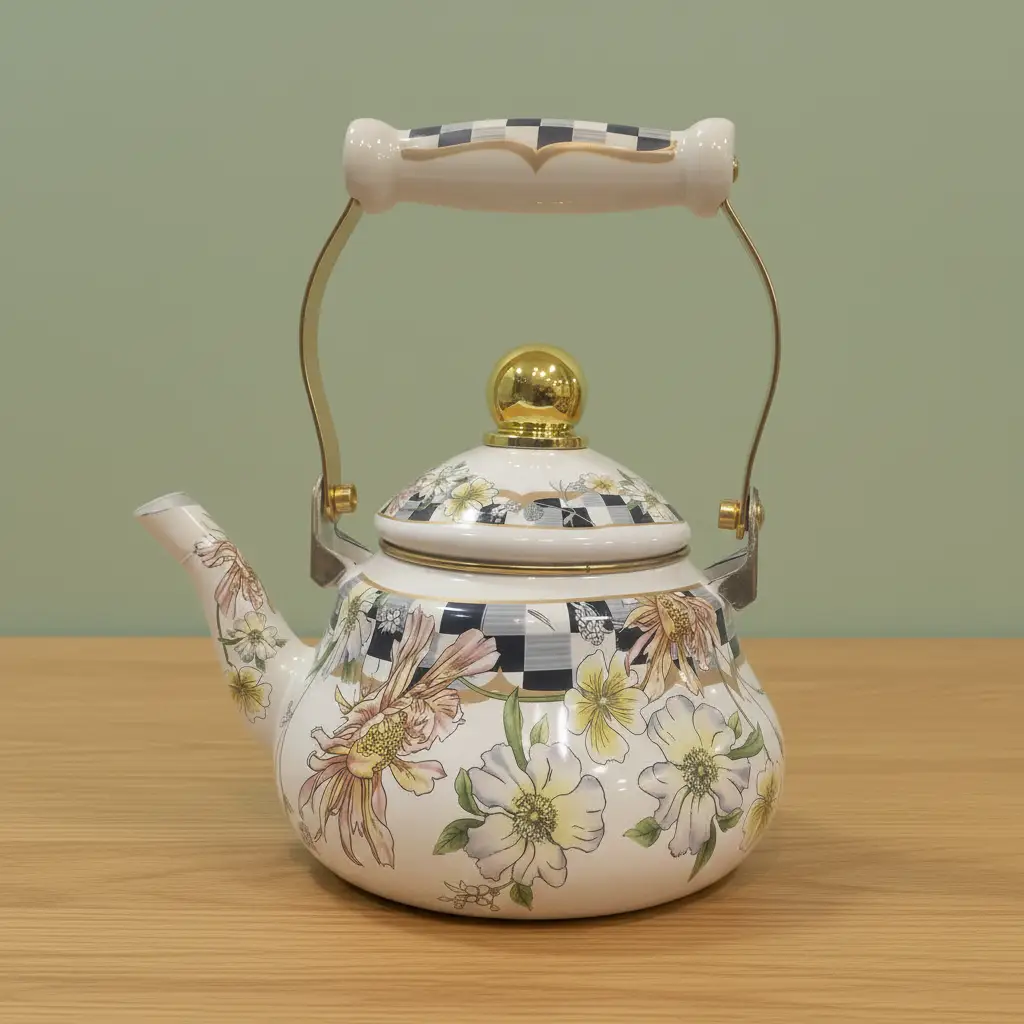 Floral Pattern Enamel Tea Kettle Kitchen & Dining Stovetop Kettles