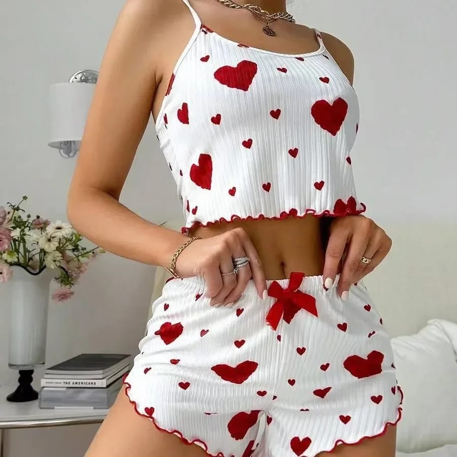 Women’s Heart Print Summer Sleepwear Set – Backless Crop Cami Top and Shorts Loungewear