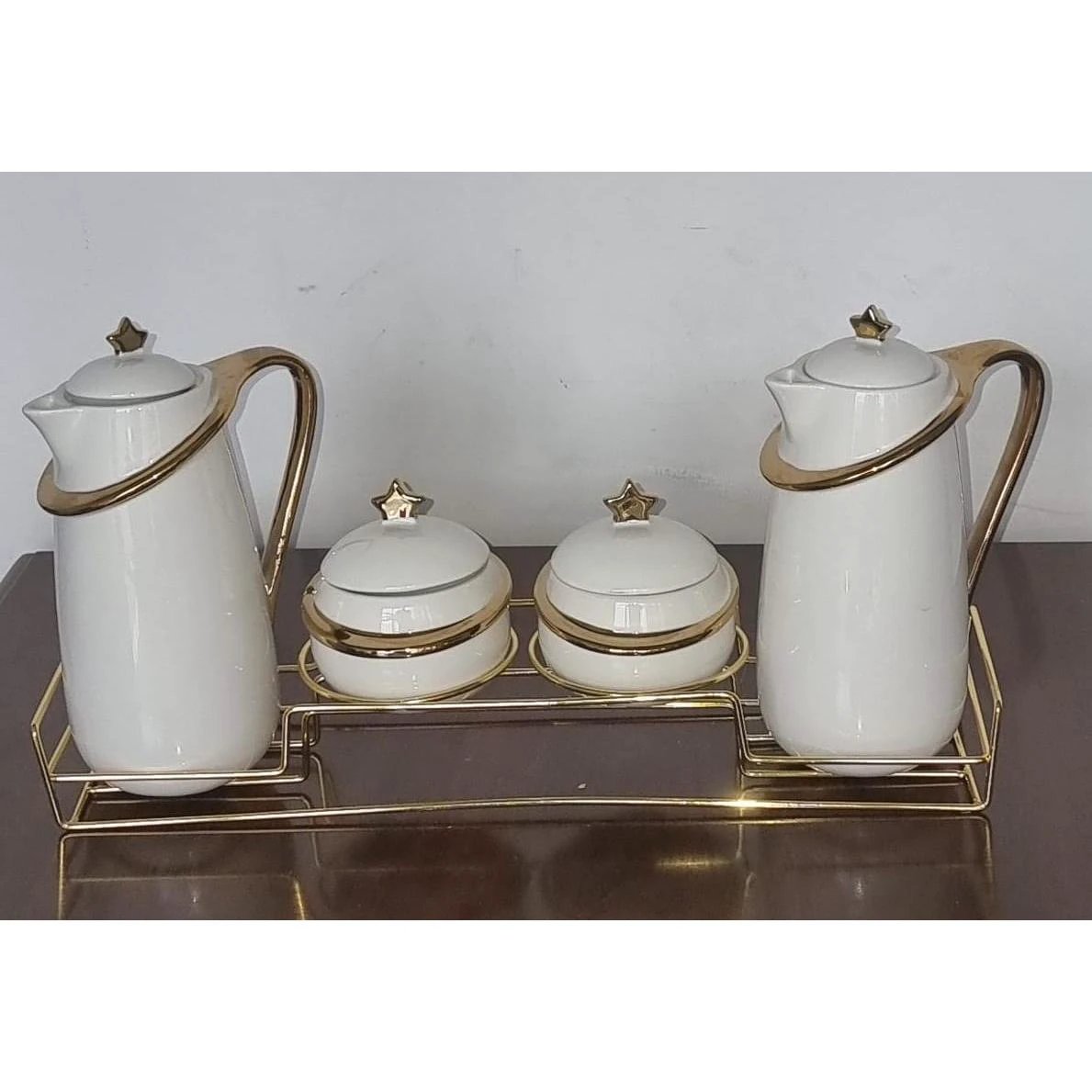 7pcs Acar Ceramic Golden Set with Jugs and Sugar Dishes Airtight Lids Glassware Tableware