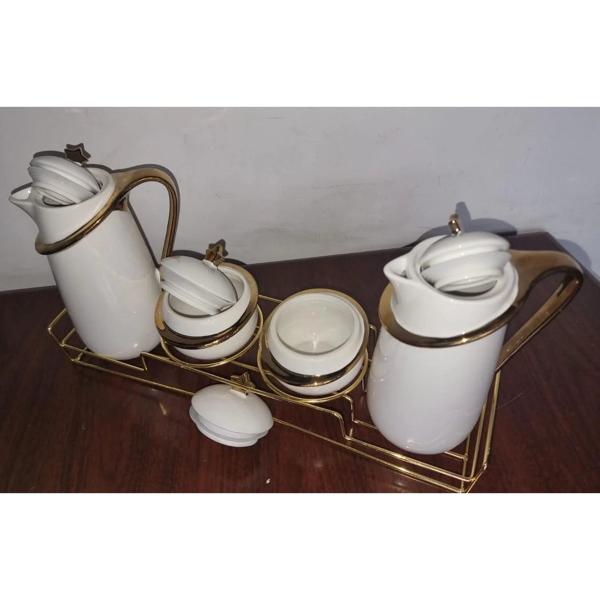 7pcs Acar Ceramic Golden Set with Jugs and Sugar Dishes Airtight Lids Glassware Tableware