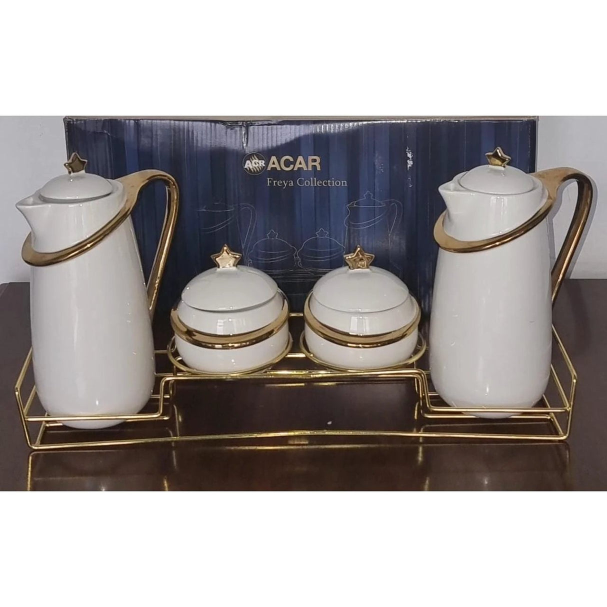 7pcs Acar Ceramic Golden Set with Jugs and Sugar Dishes Airtight Lids Glassware Tableware