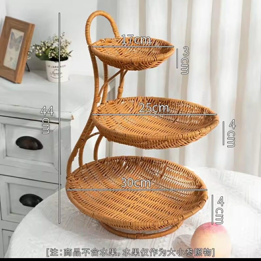 3-Tier Handmade Rattan Fruit Rack – Brown Multi-Layer Storage Stand