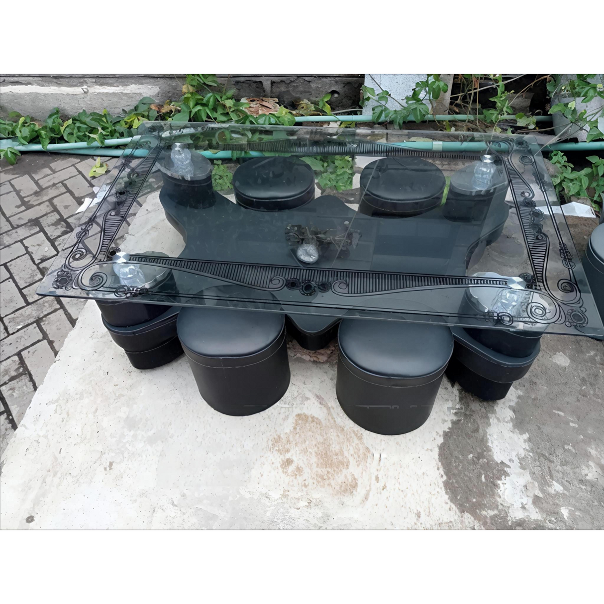 8-Seater Elegant Glass Coffee Table Set with Ottoman Stools and Black Floral Frame Design