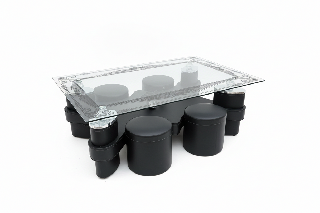 8-Seater Elegant Glass Coffee Table Set with Ottoman Stools and Black Floral Frame Design