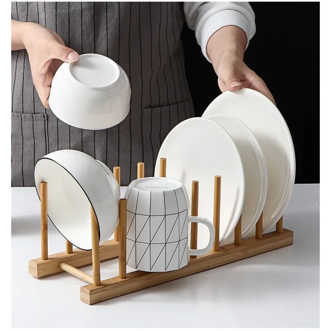 8 Slot Bamboo Plate Rack Holder for Dish Drying or Display Kitchen Racks Kitchen Organizers
