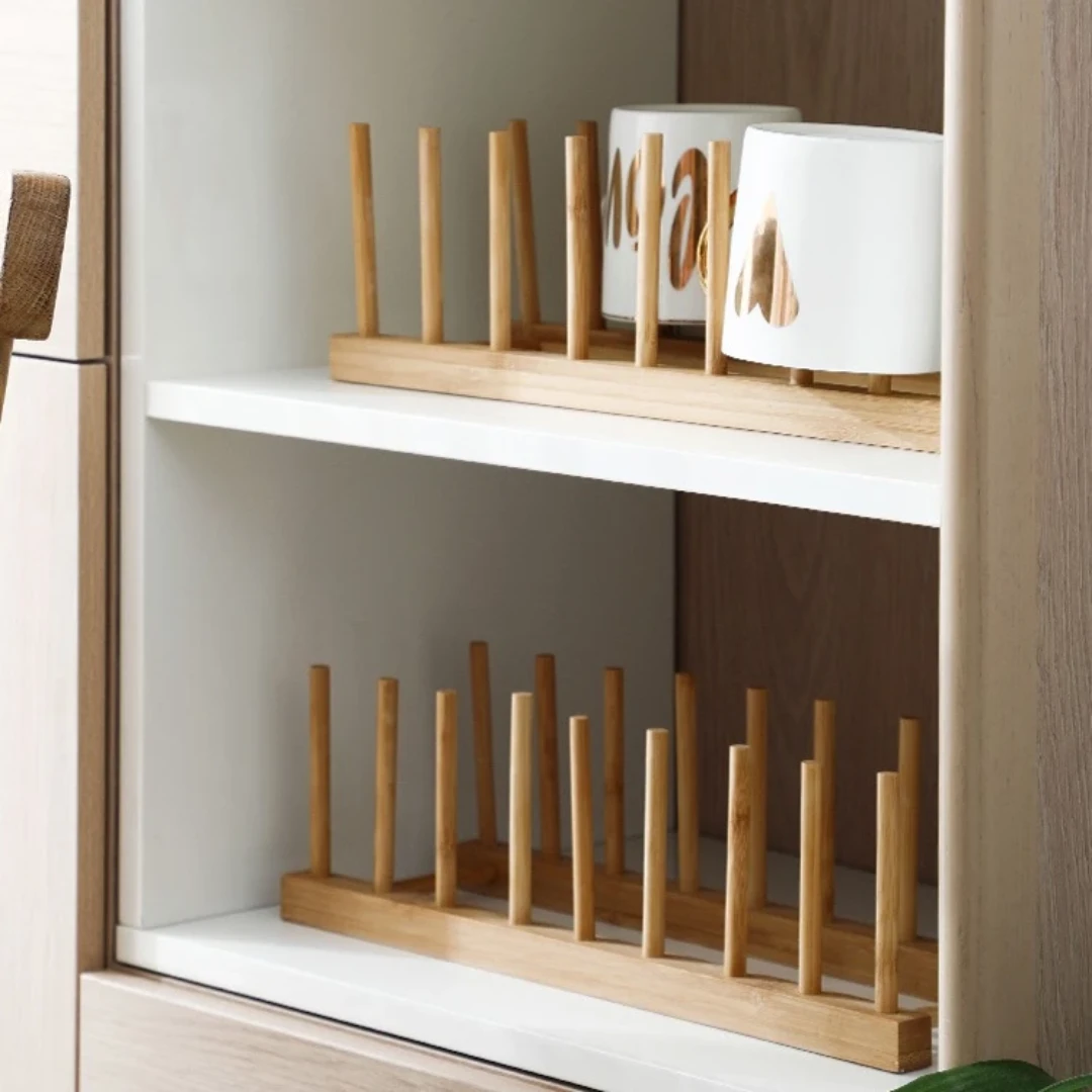 8 Slot Bamboo Plate Rack Holder for Dish Drying or Display Kitchen Racks Kitchen Organizers