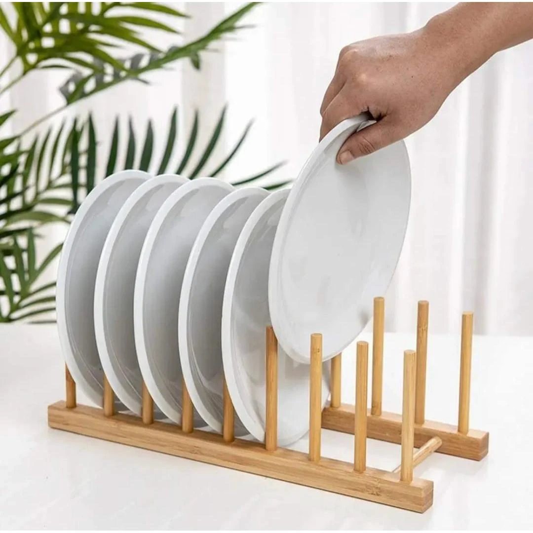 8 Slot Bamboo Plate Rack Holder for Dish Drying or Display Kitchen Racks Kitchen Organizers