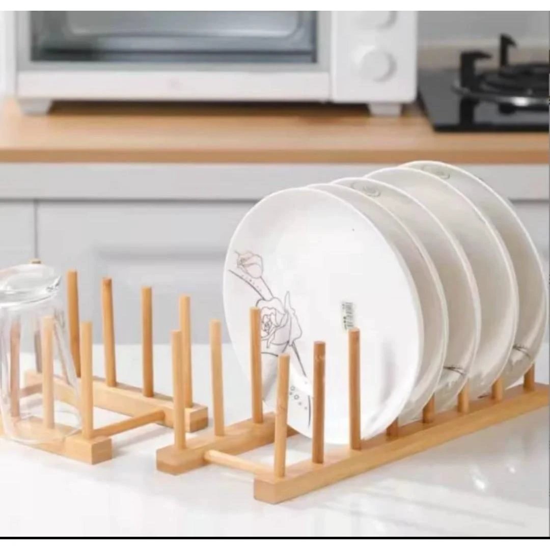 8 Slot Bamboo Plate Rack Holder for Dish Drying or Display Kitchen Racks Kitchen Organizers