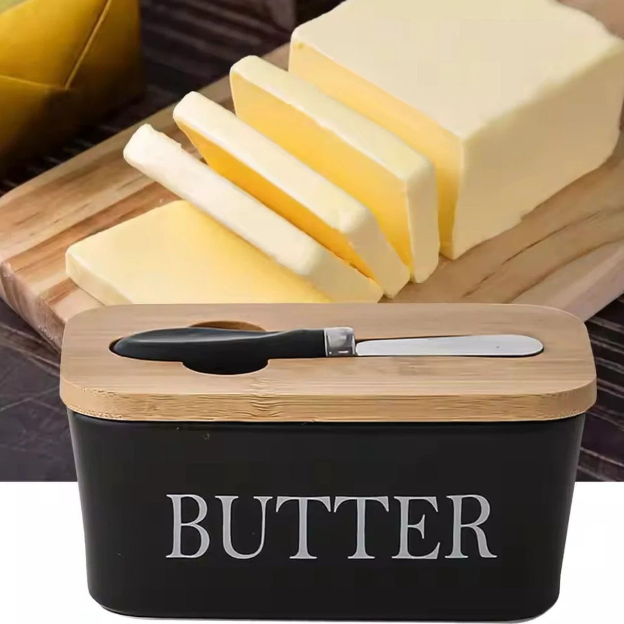Ceramic Butter Dish with Bamboo Lid and Butter Knife - 600ml Kitchen & Dining Butter Dishes