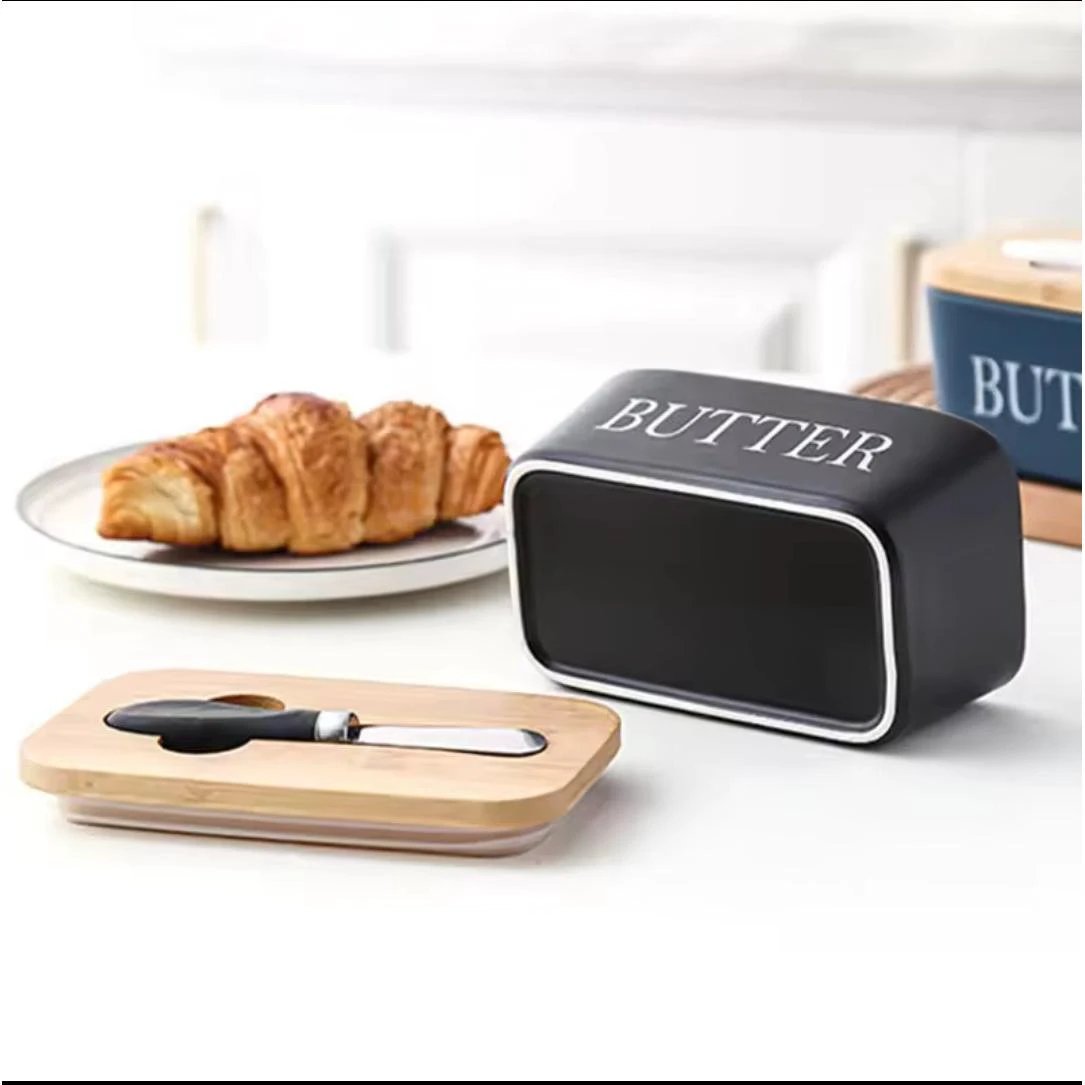 Ceramic Butter Dish with Bamboo Lid and Butter Knife - 600ml Kitchen & Dining Butter Dishes